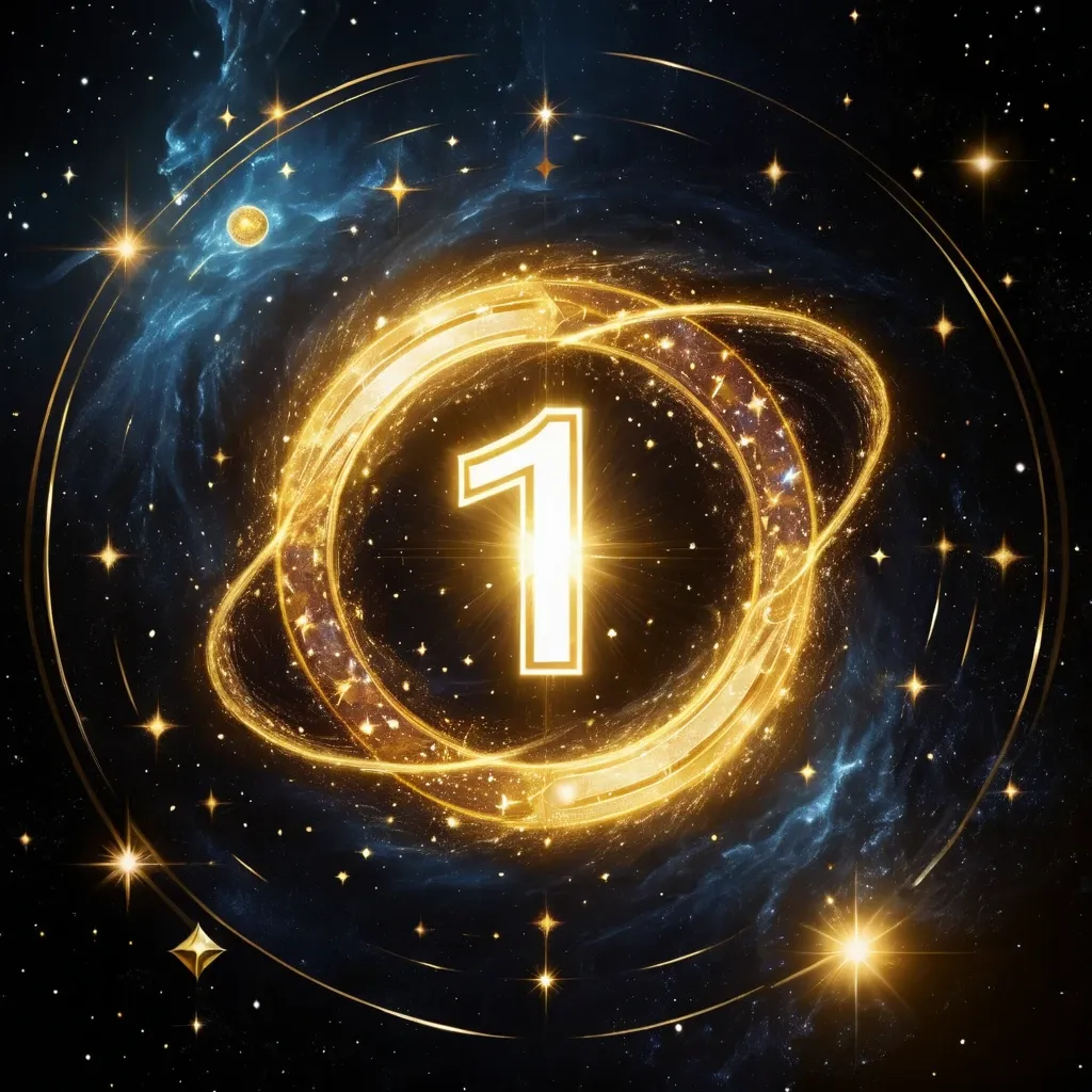 Imagem do número 1 com design brilhante e dourado, simbolizando energia, poder e novos começos na numerologia.