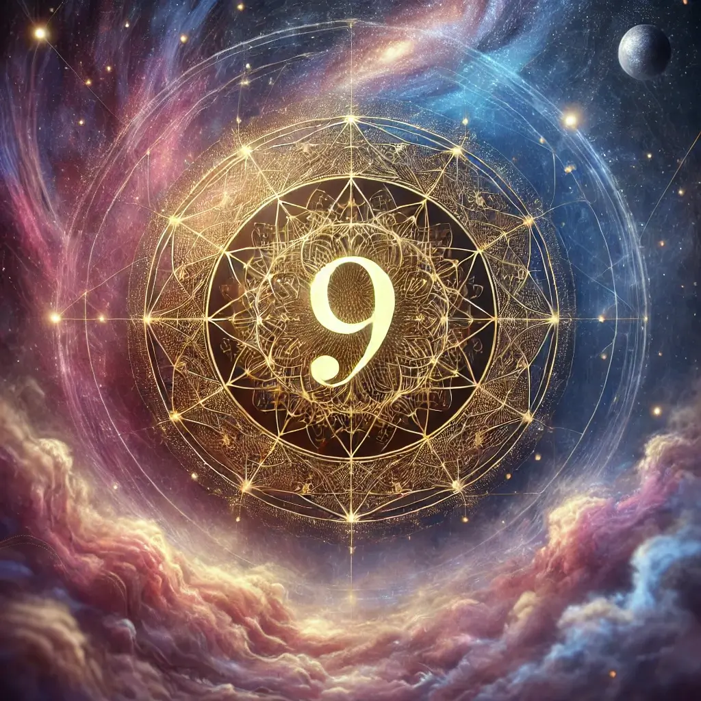Ilustração mística do número 9 na numerologia cercado por padrões dourados de geometria sagrada, com um fundo cósmico em tons de roxo e azul, simbolizando iluminação espiritual, sabedoria e transformação na numerologia.