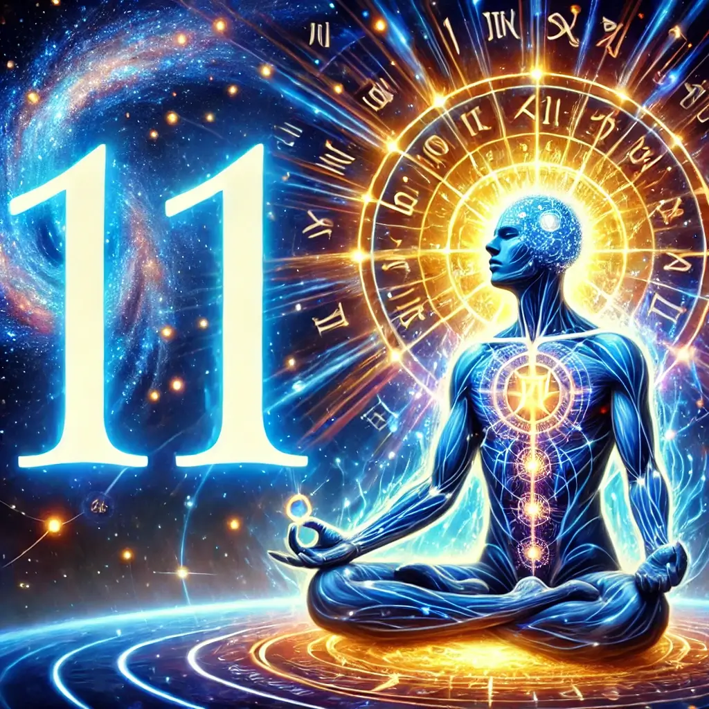 Imagem representando os pontos positivos do número 11 na numerologia. Uma figura meditativa emana luz dourada e azul, simbolizando intuição e inspiração. O número 11 brilha ao fundo em um cenário celestial com símbolos esotéricos, reforçando sua conexão espiritual e sabedoria elevada.