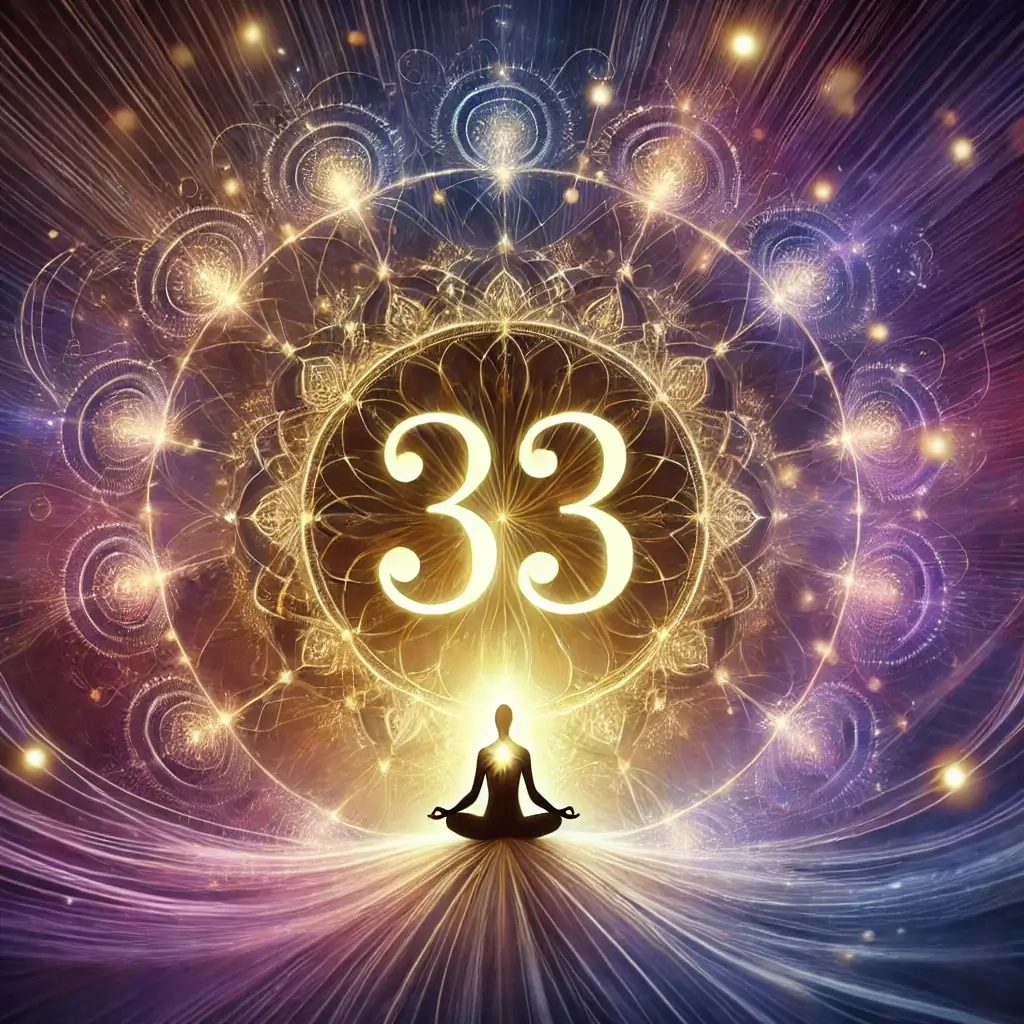Ilustração espiritual do significado do número 33 na numerologia brilhando com uma aura dourada em um fundo místico de tons roxos e azuis. Padrões de luz abstratos simbolizam energia e iluminação, enquanto uma figura meditativa na parte inferior representa a conexão com a espiritualidade.