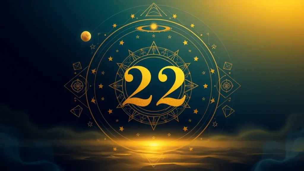 Ilustração mística da energia do número 22 na numerologia, representado em tons dourados sobre um fundo azul profundo. A imagem contém símbolos geométricos e elementos astrológicos ao redor do número, simbolizando sua energia como Mestre Construtor. Pequenas estrelas e um brilho sutil reforçam a conexão entre o espiritual e o material.