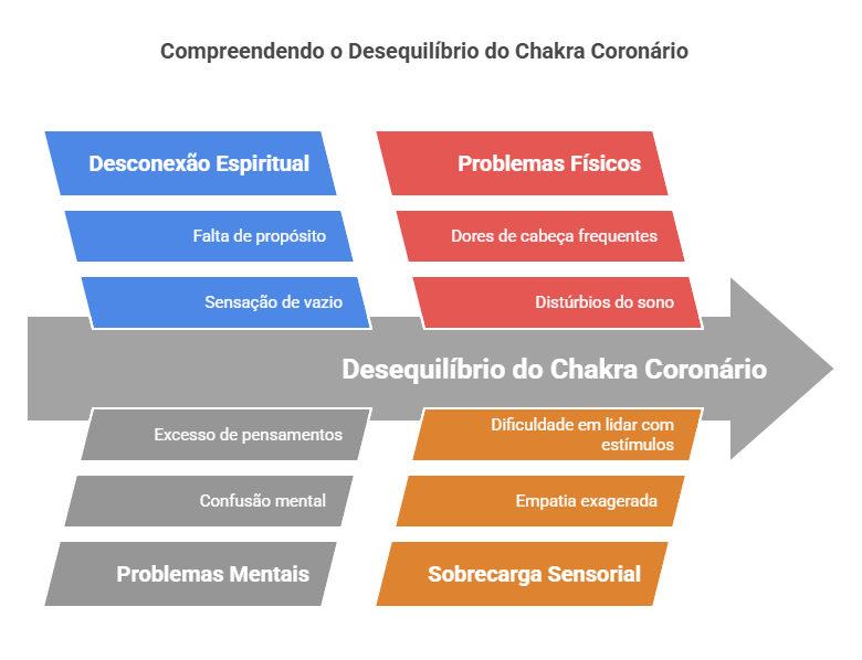 Infográfico para o arigo o que é o chakra coronário ilustrando os principais sintomas associados ao desequilíbrio do chakra coronário, incluindo desconexão espiritual, problemas físicos, mentais e sobrecarga sensorial.